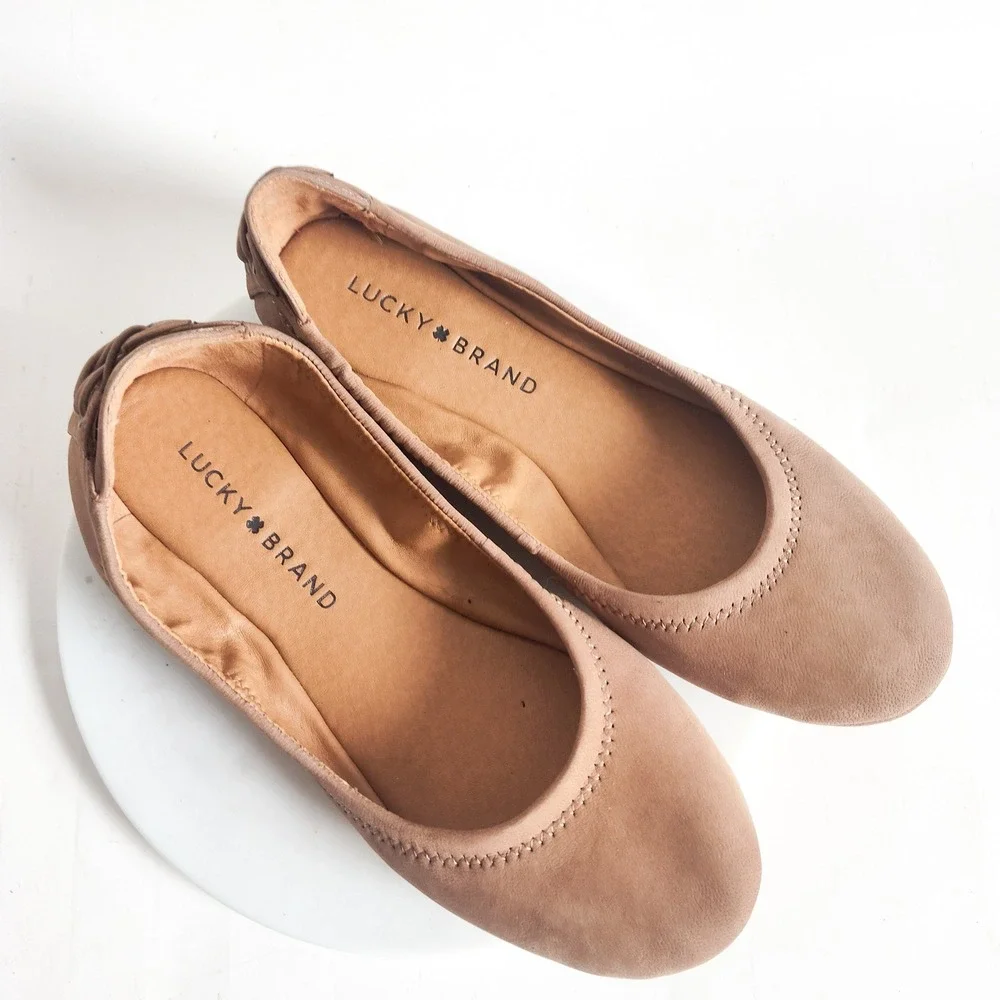 Lucky Brand Ballet‎ Flats Size 6 Tan Leather Lace Up Heel Slip On Shoes
